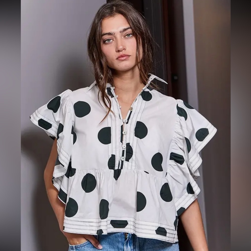 BUCKETLIST Cotton Polka Dot Blouse NWT